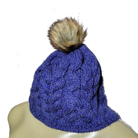 ❄️Aran Sweater Warm Blue Purple Chunky Cable Knit Pom Pom Hat 100% Merino Wool - Picture 3 of 5